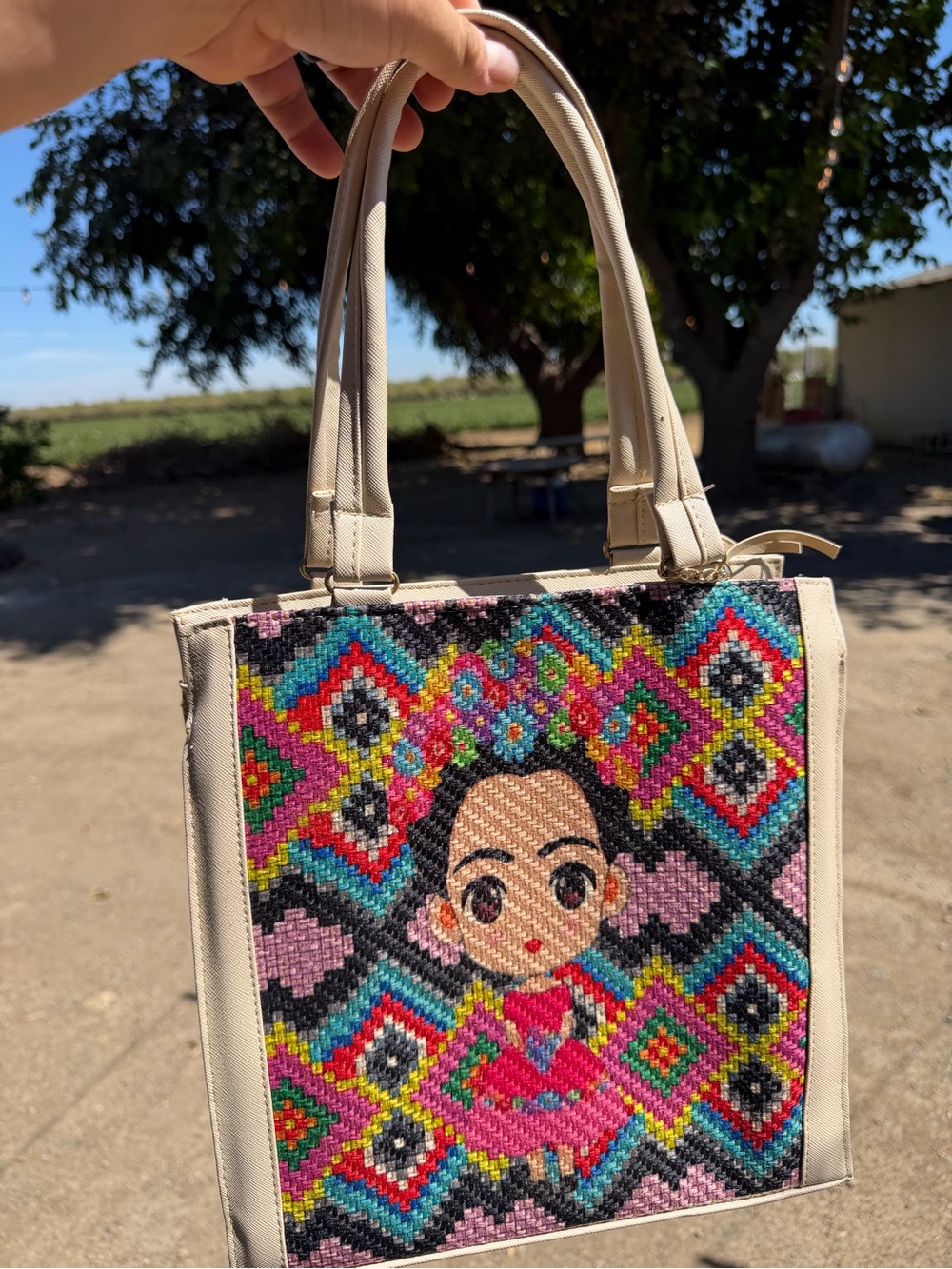 Freda kahlo Beige Tote Bag with Colorful Embroidered Doll Front
